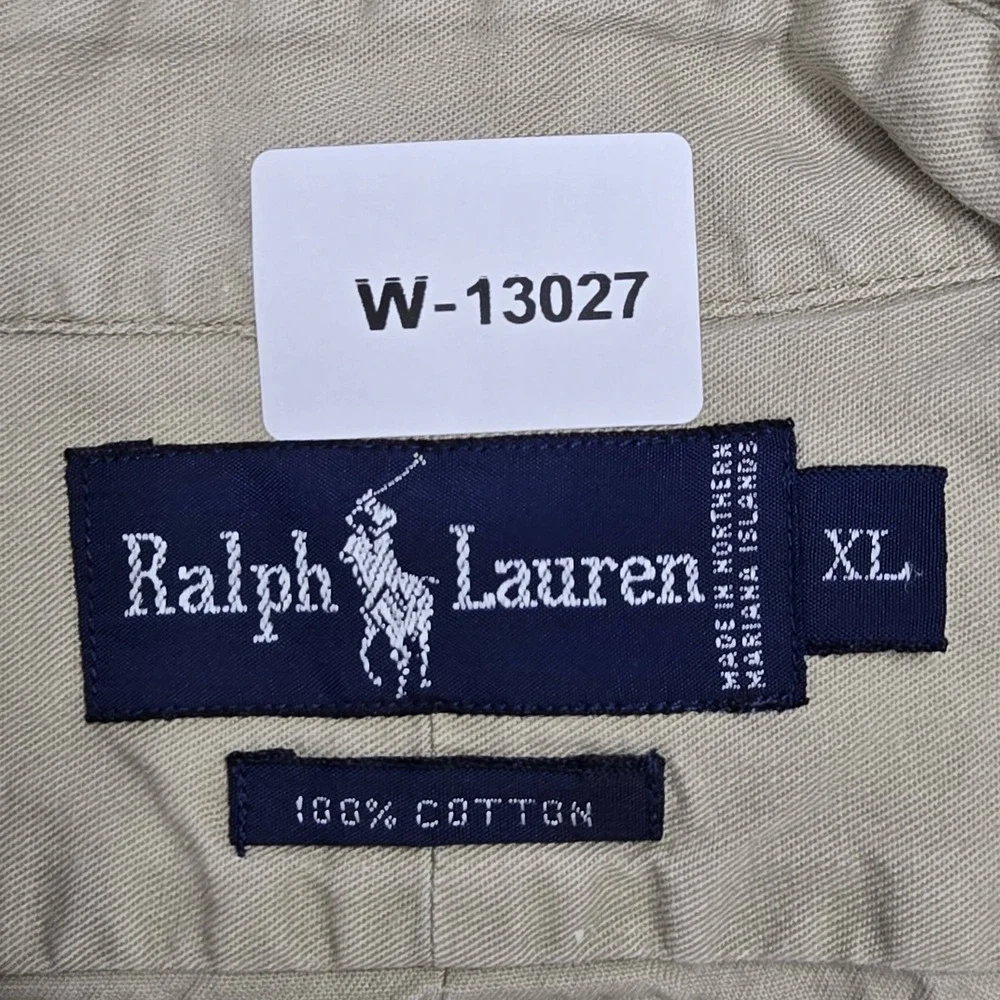 VINTAGE Ralph Lauren Men Button Up Shirt XL Khaki Embroidered Pony READ